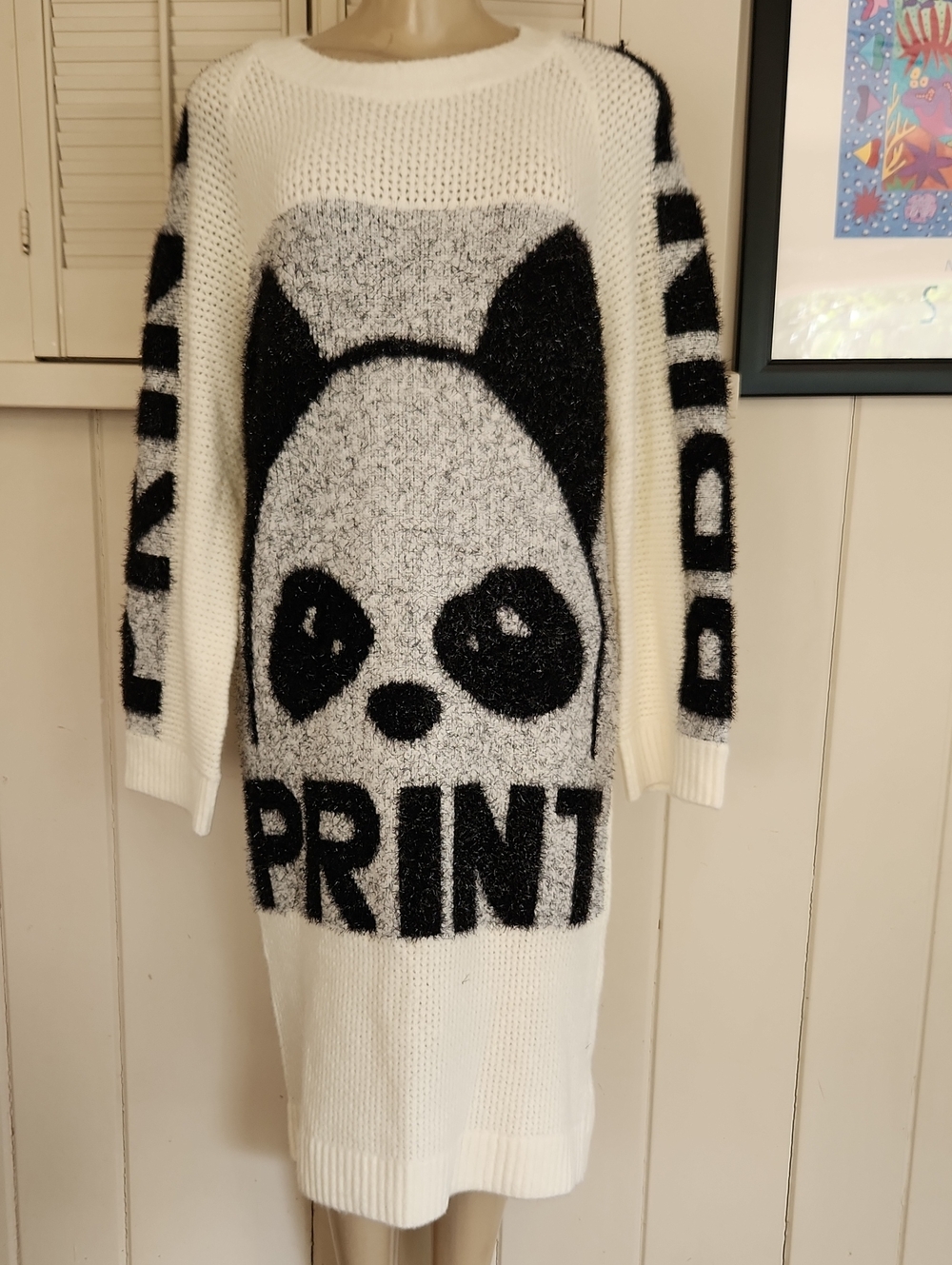 Elfsack White & Black Panda Graphic Knit Sweater Dress